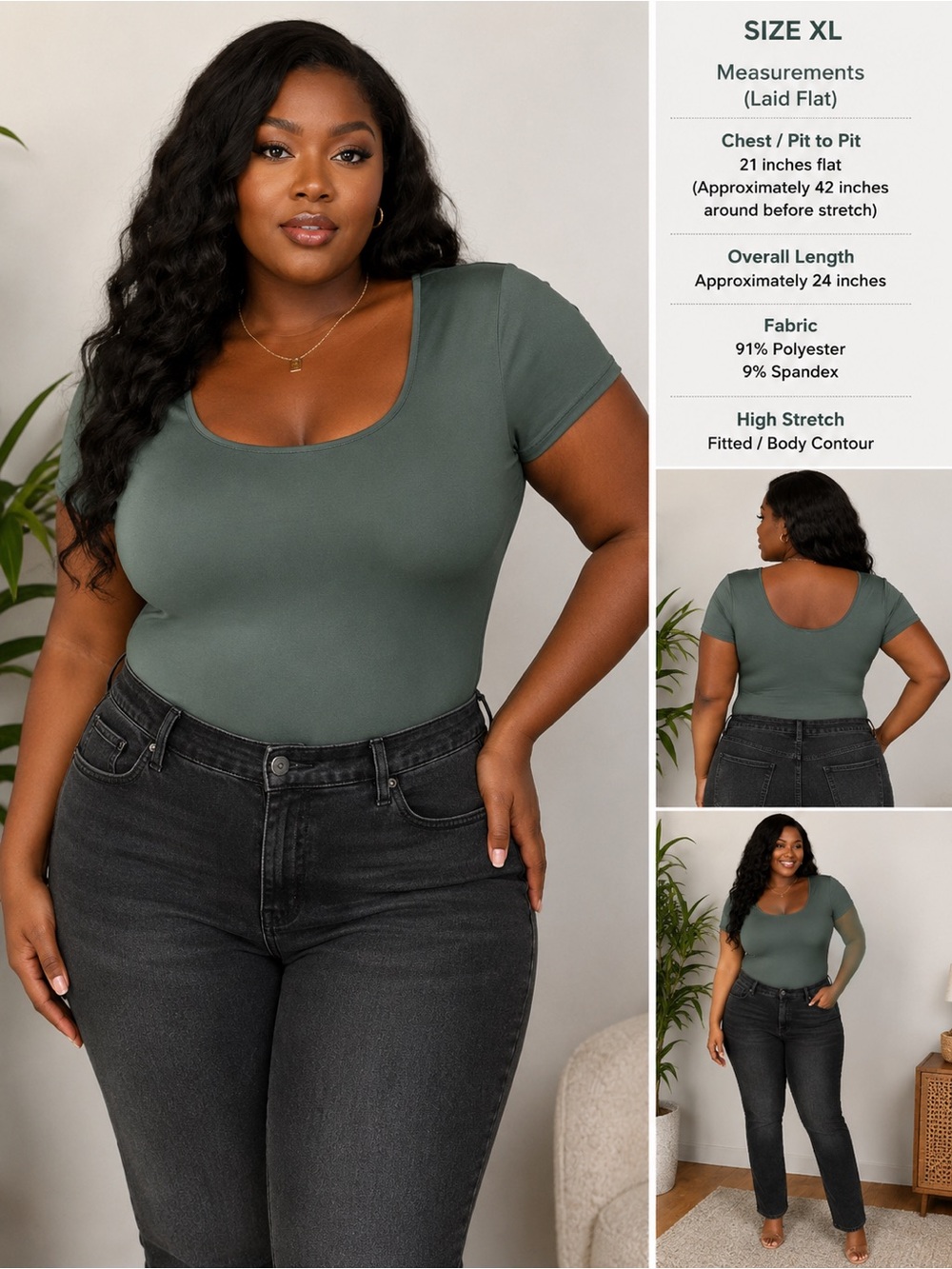 Express BodyContour Bodysuit Womens XL Sage Green Scoop Neck Short Sleeve Blouse